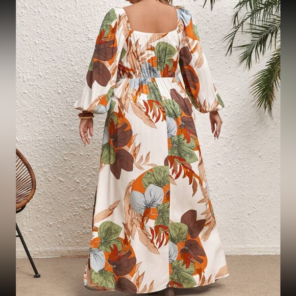 Plus Size Plunge V Neck Floral Tropical Print High Slit Long Sleeve Maxi Dress - Picture 3 of 12